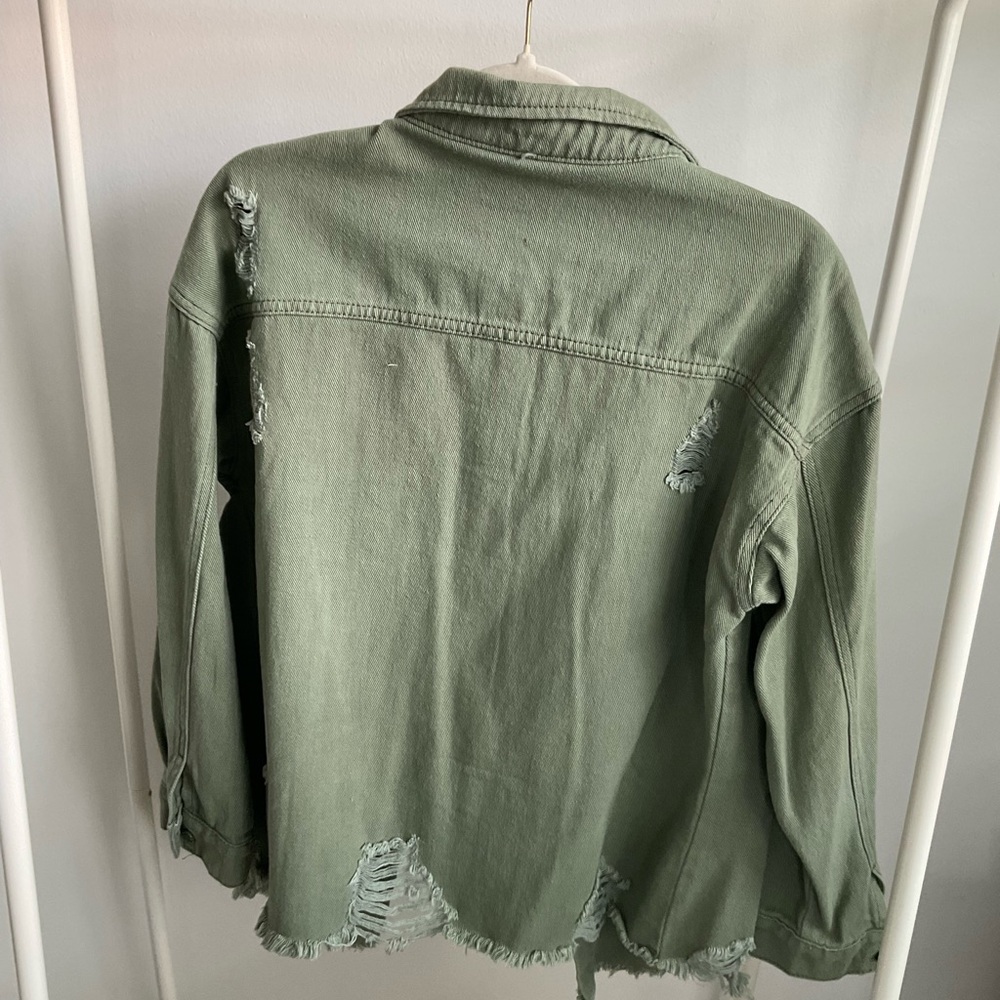 Green Distressed Button-Up Shacket - Picture 3 of 4